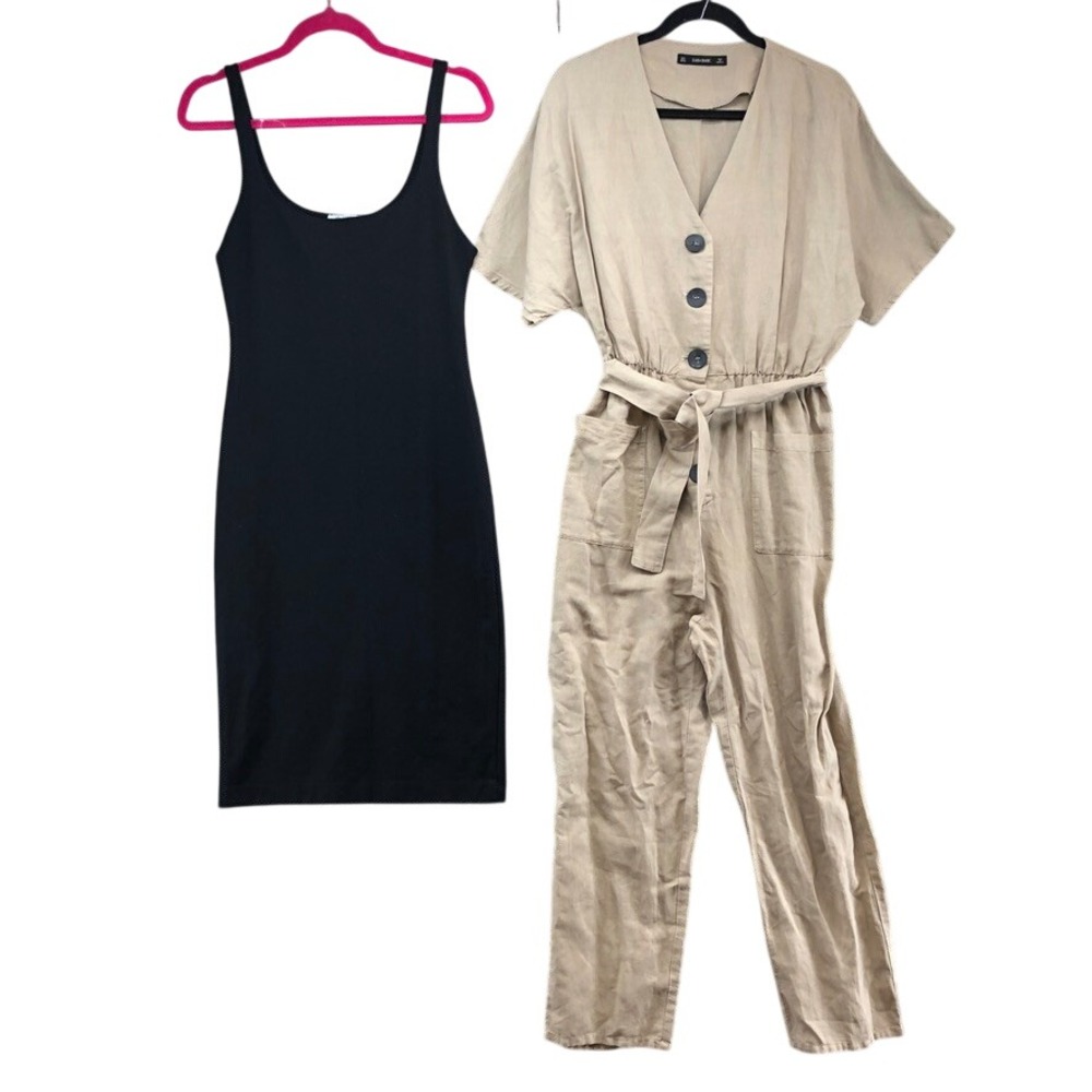 Zara Jumpsuit‎ Dress Bundle Womens Large Beige Black Linen Blend Belted Summer